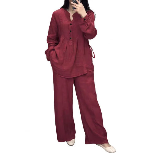 Women's Spring Pantsuit Set with Loose Blouse and Wide Leg Trousers, Round Neck Half Single-Breasted Top