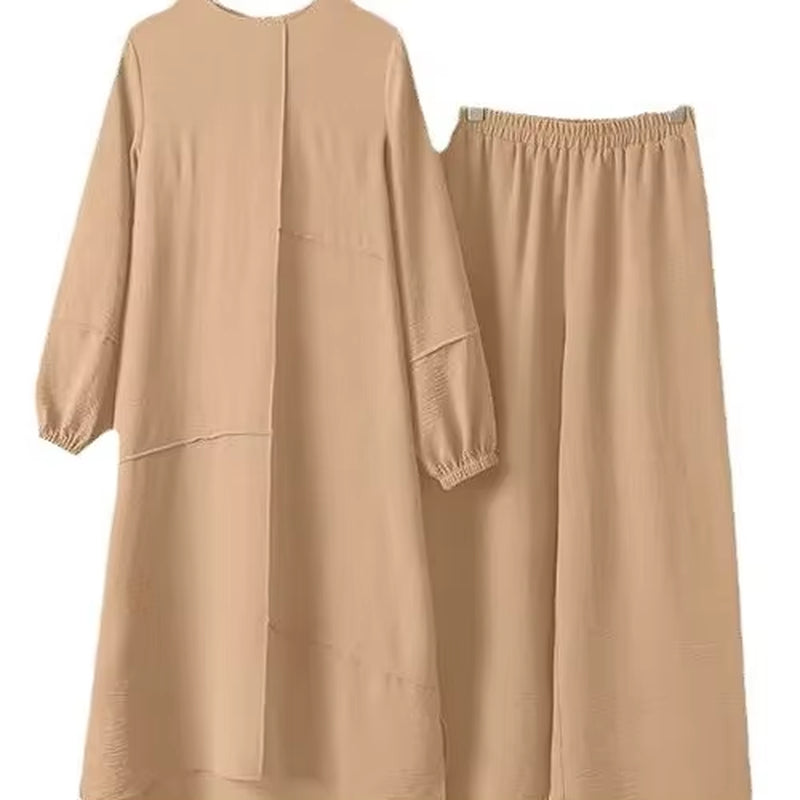 Elegant Two-Piece Sportswear Set for Muslim Women Featuring Bubble Sleeve Shirt and Wide Leg Pants