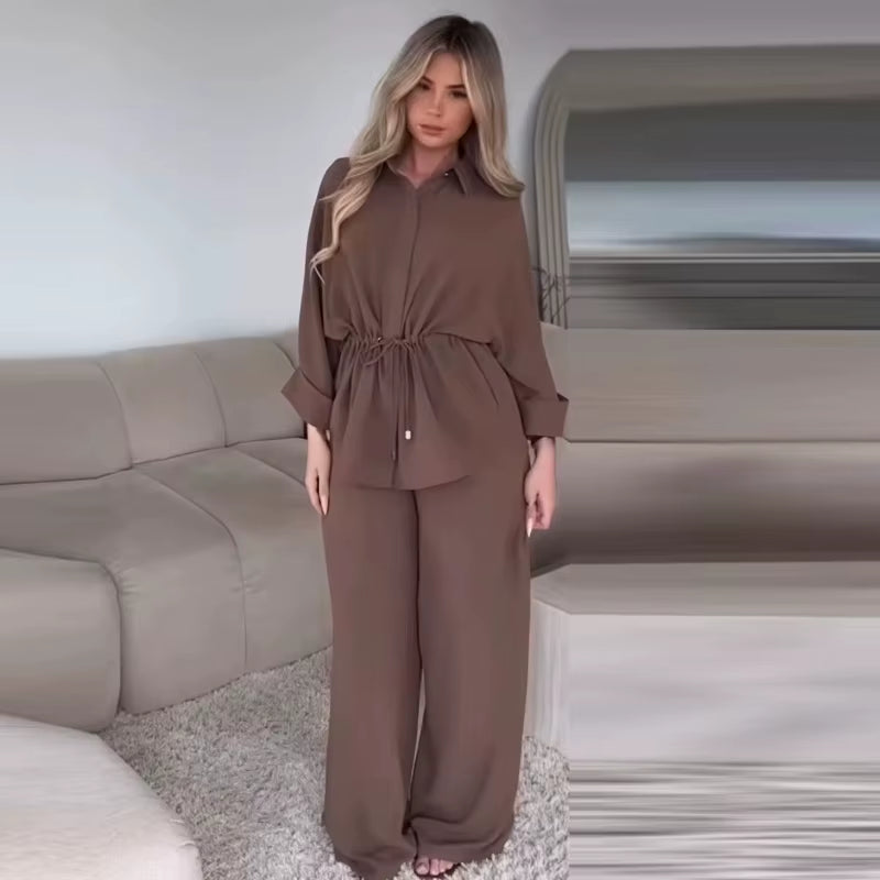 Women's Safari Brown Two-Piece Set: Long Sleeve Tunic and High Waist Wide Leg Trousers