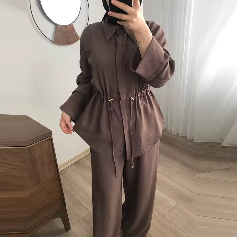 Women's Safari Brown Two-Piece Set: Long Sleeve Tunic and High Waist Wide Leg Trousers