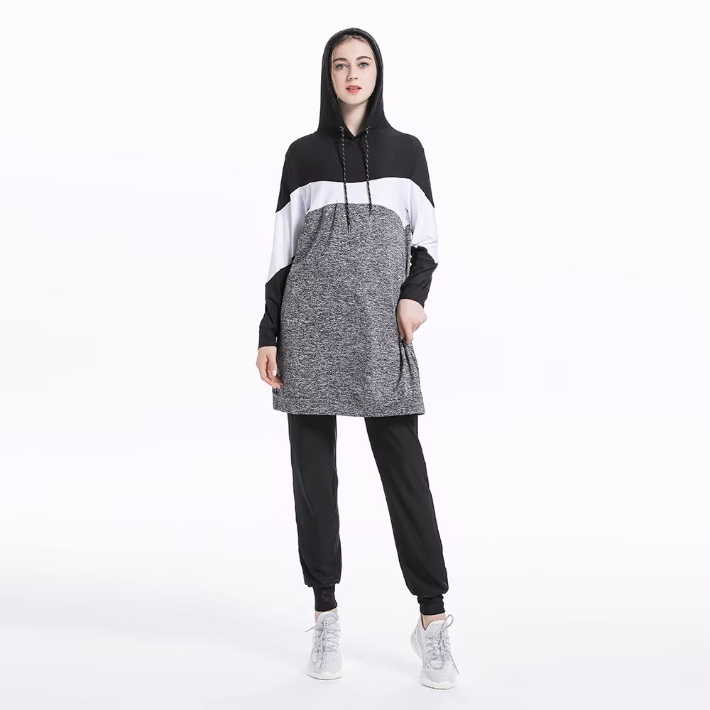 2024 Trendy Middle Eastern Arab Muslim Slim Fit Patchwork Long Sleeve Sportswear Casual Hooded Two-Piece Set