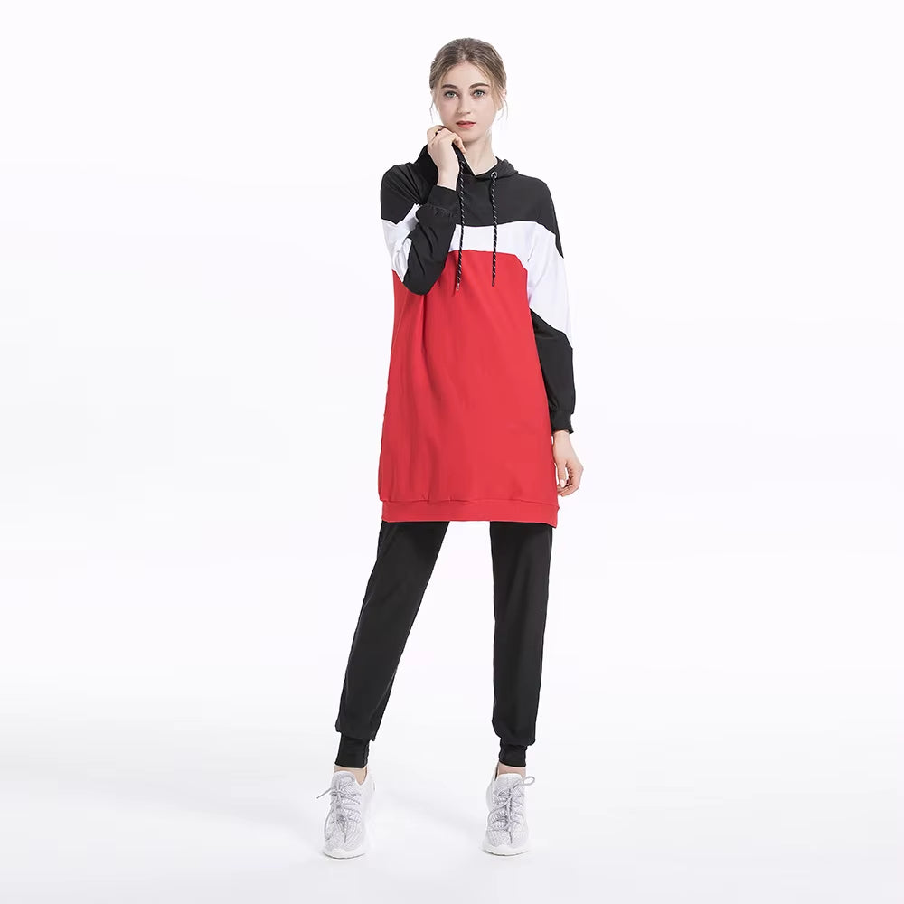2024 Trendy Middle Eastern Arab Muslim Slim Fit Patchwork Long Sleeve Sportswear Casual Hooded Two-Piece Set