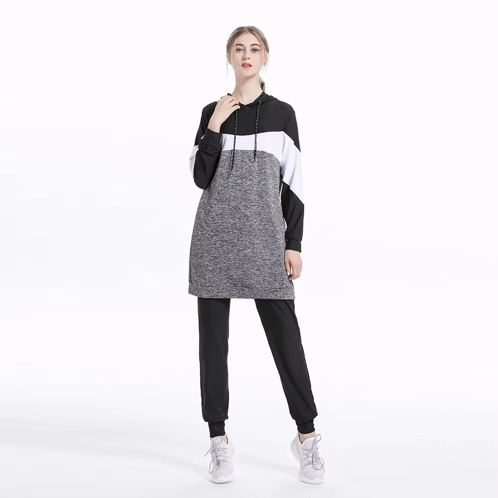 2024 Trendy Middle Eastern Arab Muslim Slim Fit Patchwork Long Sleeve Sportswear Casual Hooded Two-Piece Set