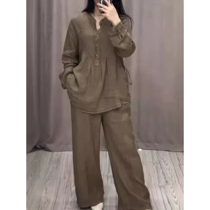 2024 Stylish and Comfortable Long Sleeve Cotton Linen Bell Bottom Suit with Drawstring Skirt Set for Autumn