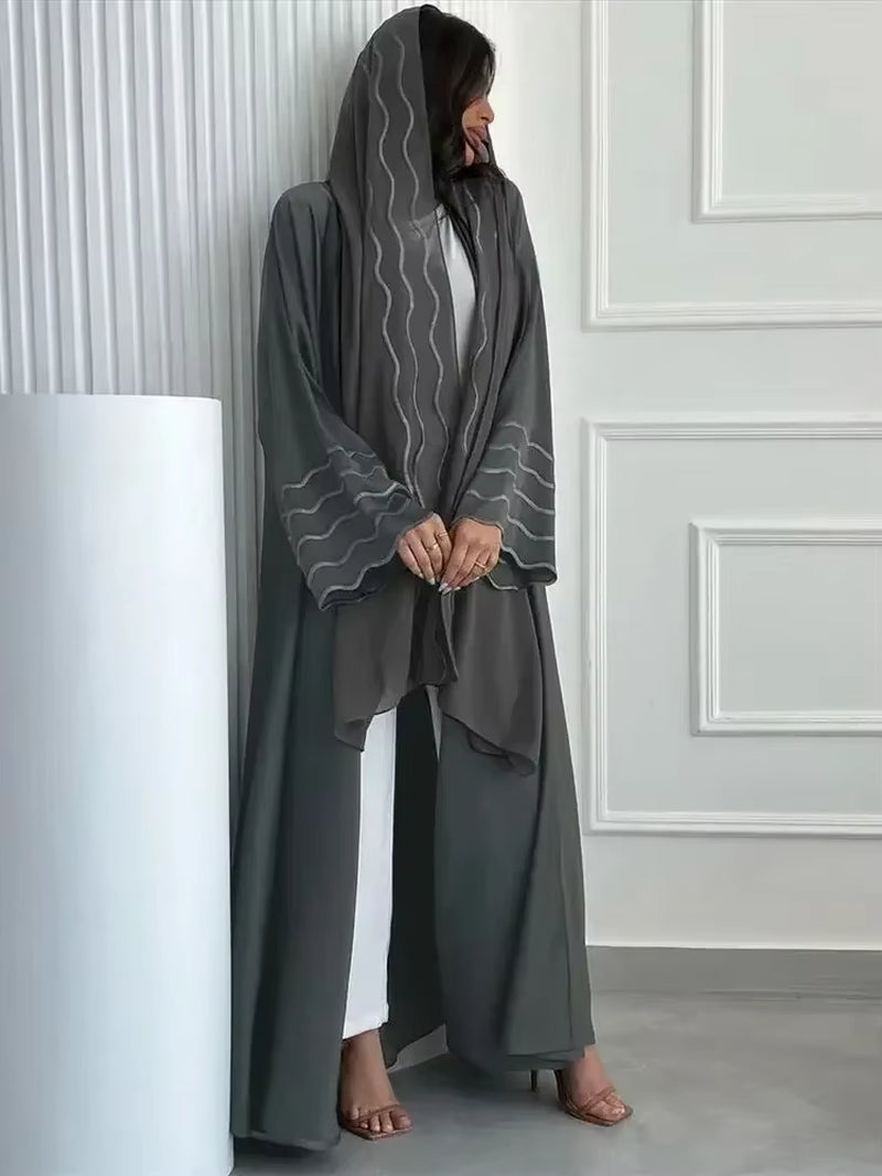 Women's Gray and Black Dubai Khimar Abaya Set - Islamic Kimono Hijab Dress with Kebaya and Kaftan Djellaba Robe for Ramadan Eid