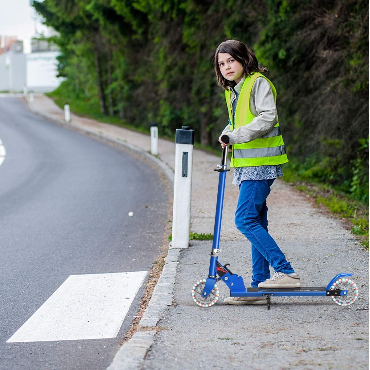 Trottinette Enfant 2 Roues Patinette Enfant Pliable Scooter Enfant Kick Avec LED Lumière Hauteur Réglable Bleu/Bleu Foncé/Rose/Rouge/Violet