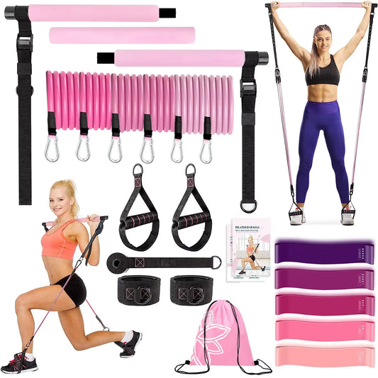 Professional Fitness Yoga and Pilates Bar Kit with Resistance Bands - Portable Home Gym for Comprehensive Full Body Workouts for Women