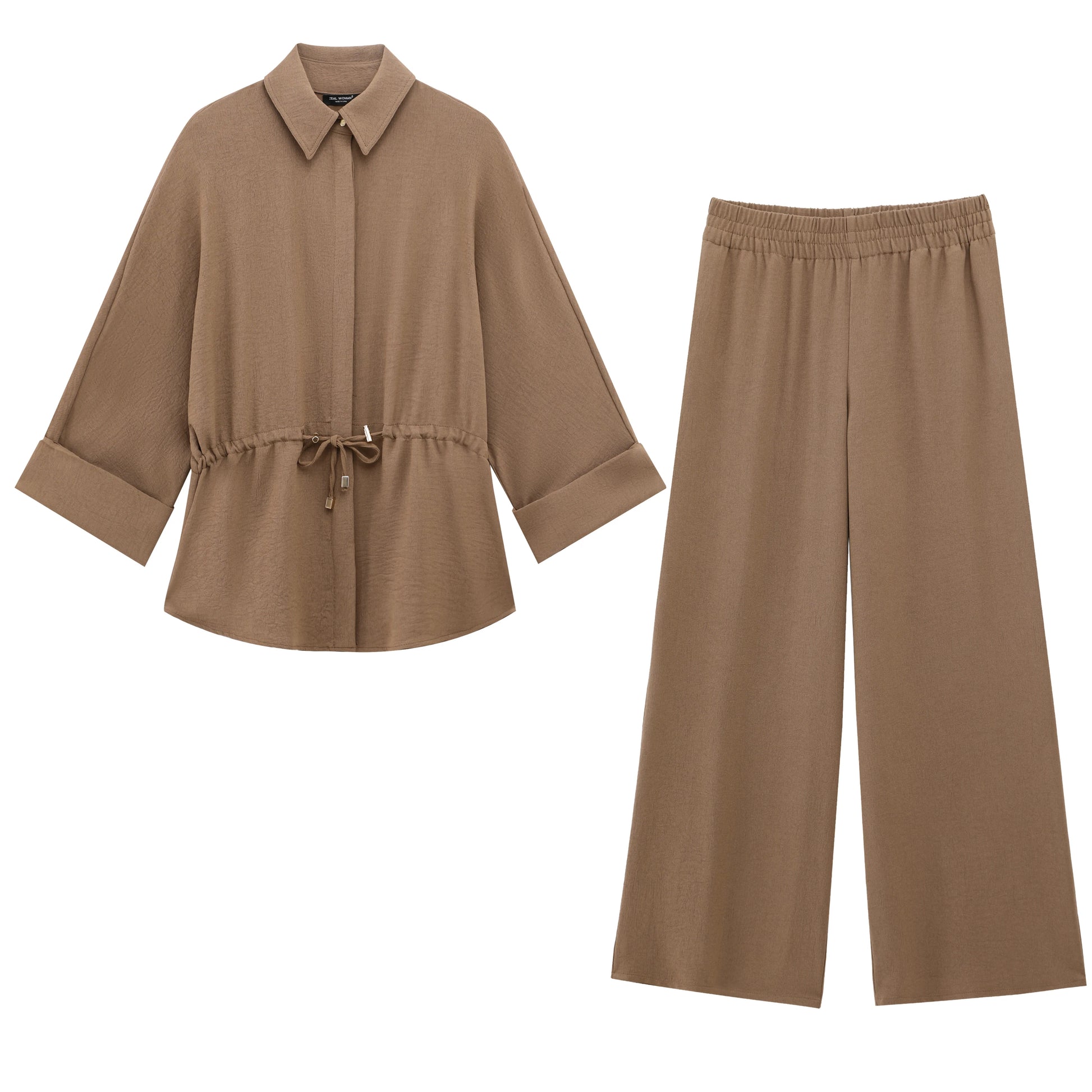 Women’s Kimono Style Blouse and Trouser Set with Long Sleeve Lace-Up Shirt and Elastic Waist Pants - Casual Spring Outfit