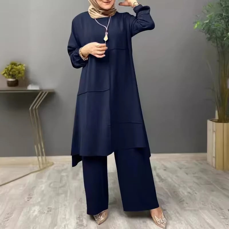 Elegant Two-Piece Sportswear Set for Muslim Women Featuring Bubble Sleeve Shirt and Wide Leg Pants