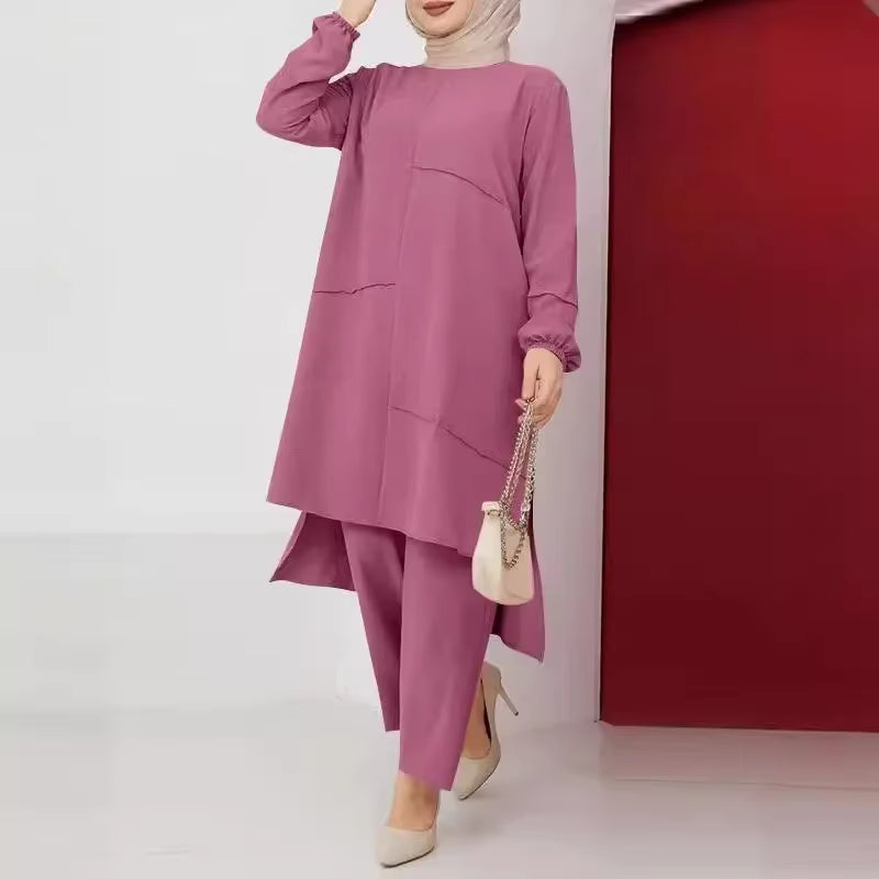 Elegant Two-Piece Sportswear Set for Muslim Women Featuring Bubble Sleeve Shirt and Wide Leg Pants