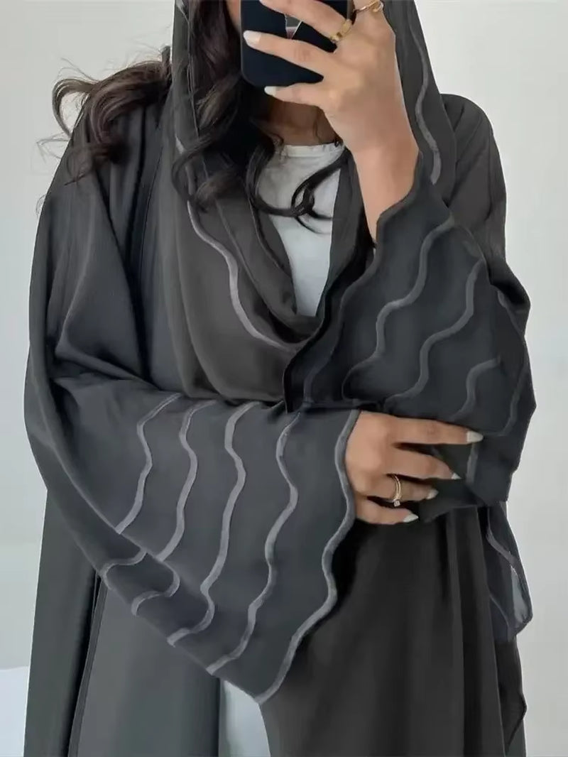 Women's Gray and Black Dubai Khimar Abaya Set - Islamic Kimono Hijab Dress with Kebaya and Kaftan Djellaba Robe for Ramadan Eid