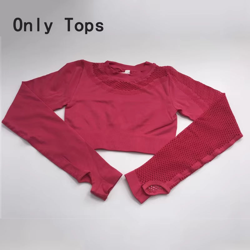 Yoga Sets Women Gym Clothes Seamless Long Sleeve Crop Tops Mesh Sports Leggings Running Workout High Waist Pants Fitness Wear
