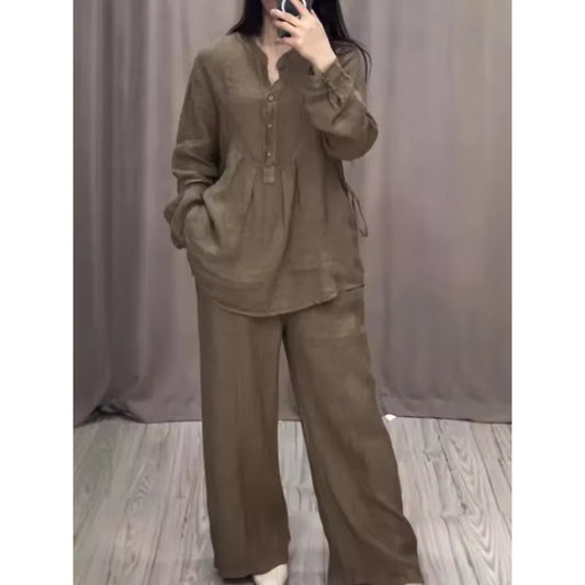 2024 Stylish and Comfortable Long Sleeve Cotton Linen Bell Bottom Suit with Drawstring Skirt Set for Autumn