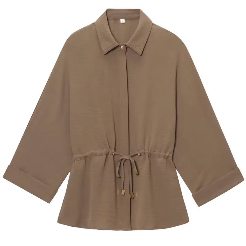 Women's Safari Brown Two-Piece Set: Long Sleeve Tunic and High Waist Wide Leg Trousers