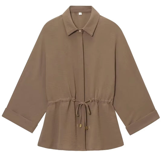 Women's Safari Brown Two-Piece Set: Long Sleeve Tunic and High Waist Wide Leg Trousers