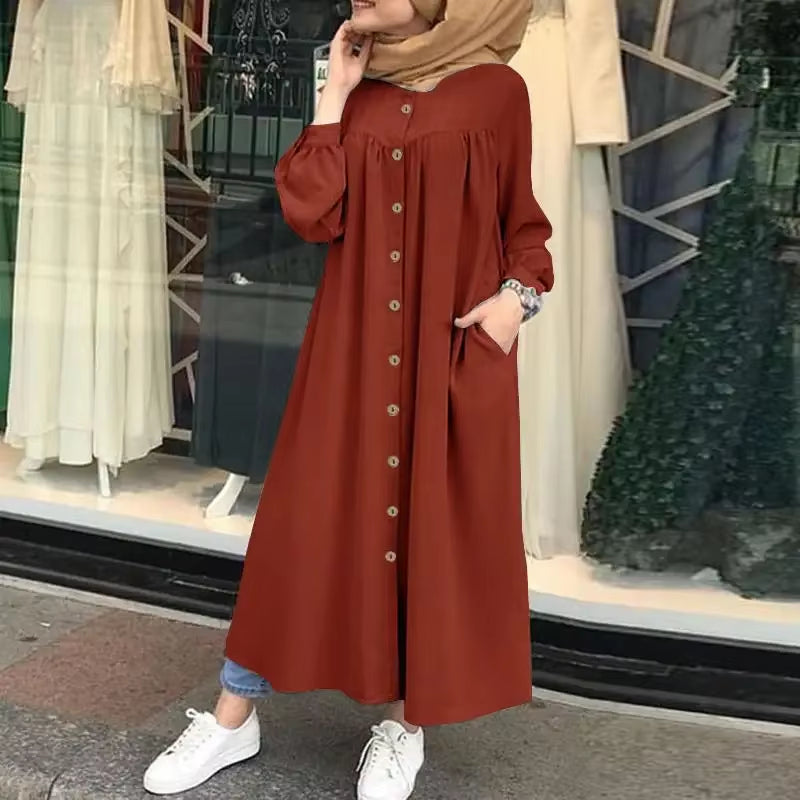 Elegant Women's Retro Button Maxi Dress - Casual Long Sleeve Cotton Solid Color O-Neck Design