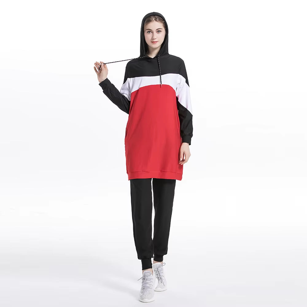 2024 Trendy Middle Eastern Arab Muslim Slim Fit Patchwork Long Sleeve Sportswear Casual Hooded Two-Piece Set