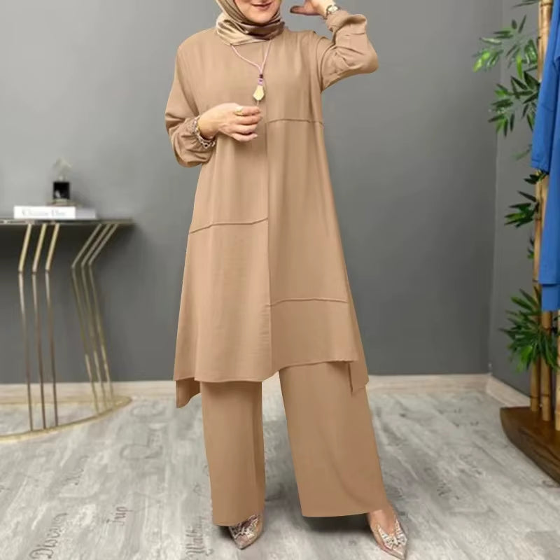 Elegant Two-Piece Sportswear Set for Muslim Women Featuring Bubble Sleeve Shirt and Wide Leg Pants