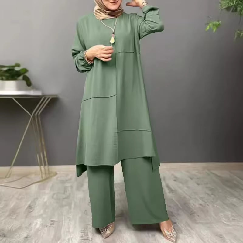 Elegant Two-Piece Sportswear Set for Muslim Women Featuring Bubble Sleeve Shirt and Wide Leg Pants