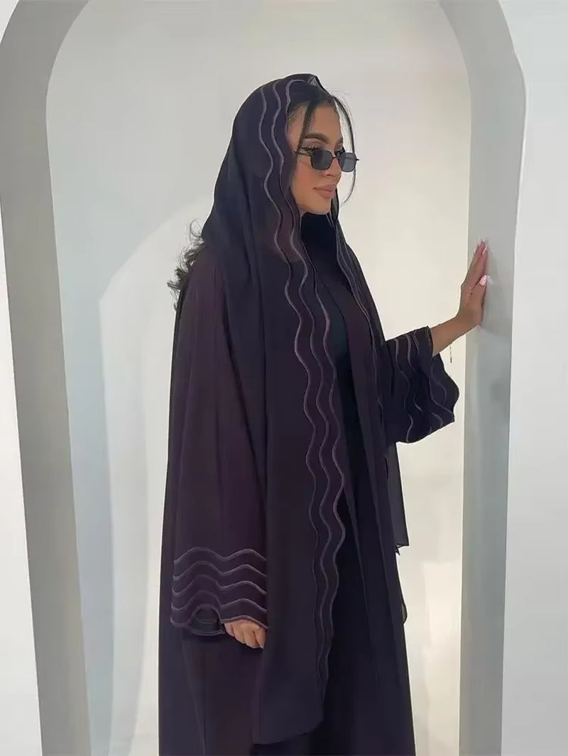 Women's Gray and Black Dubai Khimar Abaya Set - Islamic Kimono Hijab Dress with Kebaya and Kaftan Djellaba Robe for Ramadan Eid