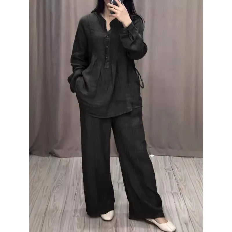 2024 Stylish and Comfortable Long Sleeve Cotton Linen Bell Bottom Suit with Drawstring Skirt Set for Autumn