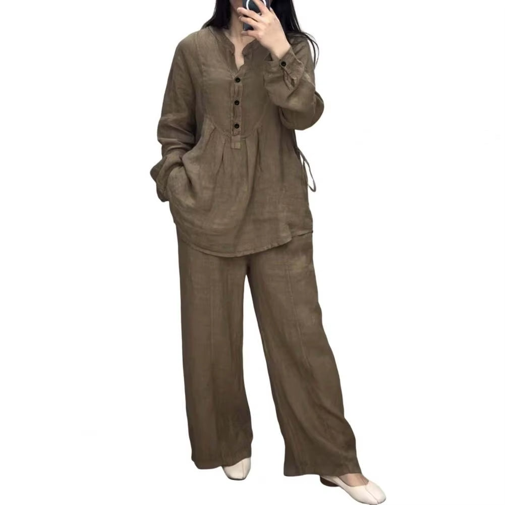 Women's Spring Pantsuit Set with Loose Blouse and Wide Leg Trousers, Round Neck Half Single-Breasted Top