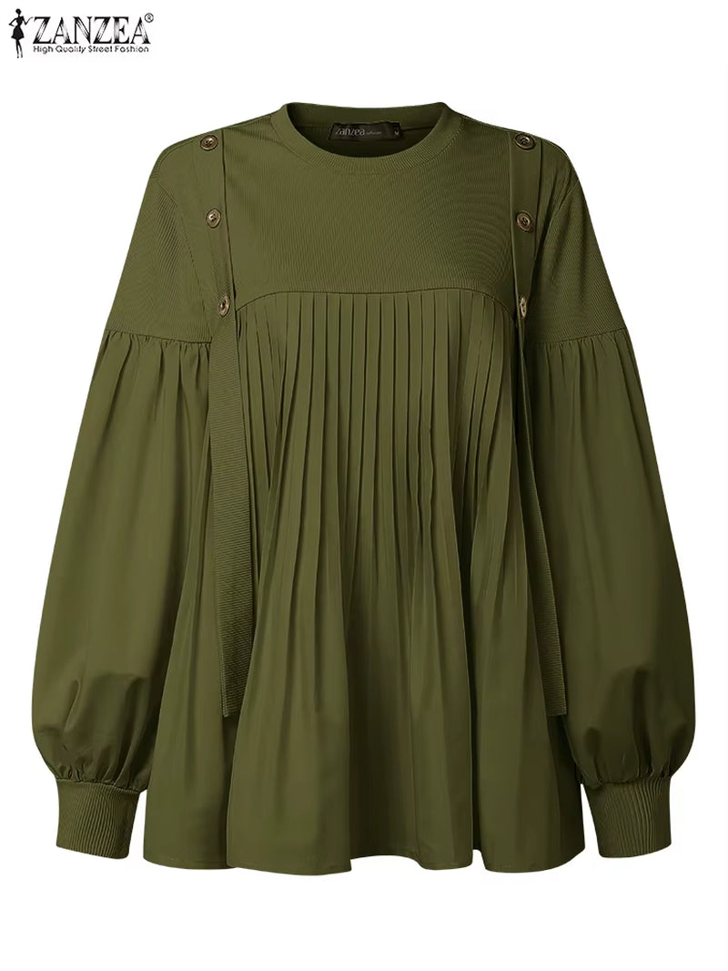 2025  Women's Elegant Autumn Long Lantern Sleeve Blouse with Patchwork Design and Pleated Detail, Ideal for Work and Modest Fashion