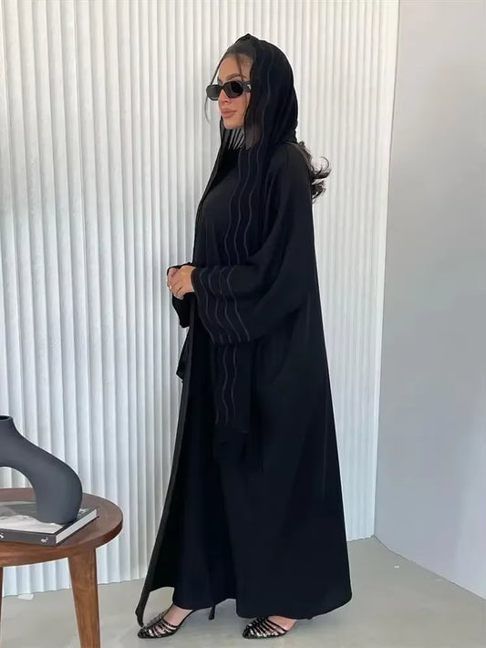 Women's Gray and Black Dubai Khimar Abaya Set - Islamic Kimono Hijab Dress with Kebaya and Kaftan Djellaba Robe for Ramadan Eid