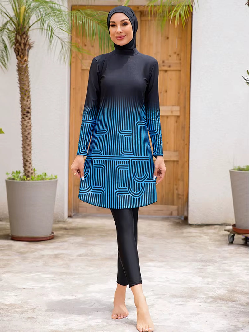 3-Piece Women's Modest Swimwear Set with Burkini, Hijab, and Striped Pants for Islamic Beachwear
