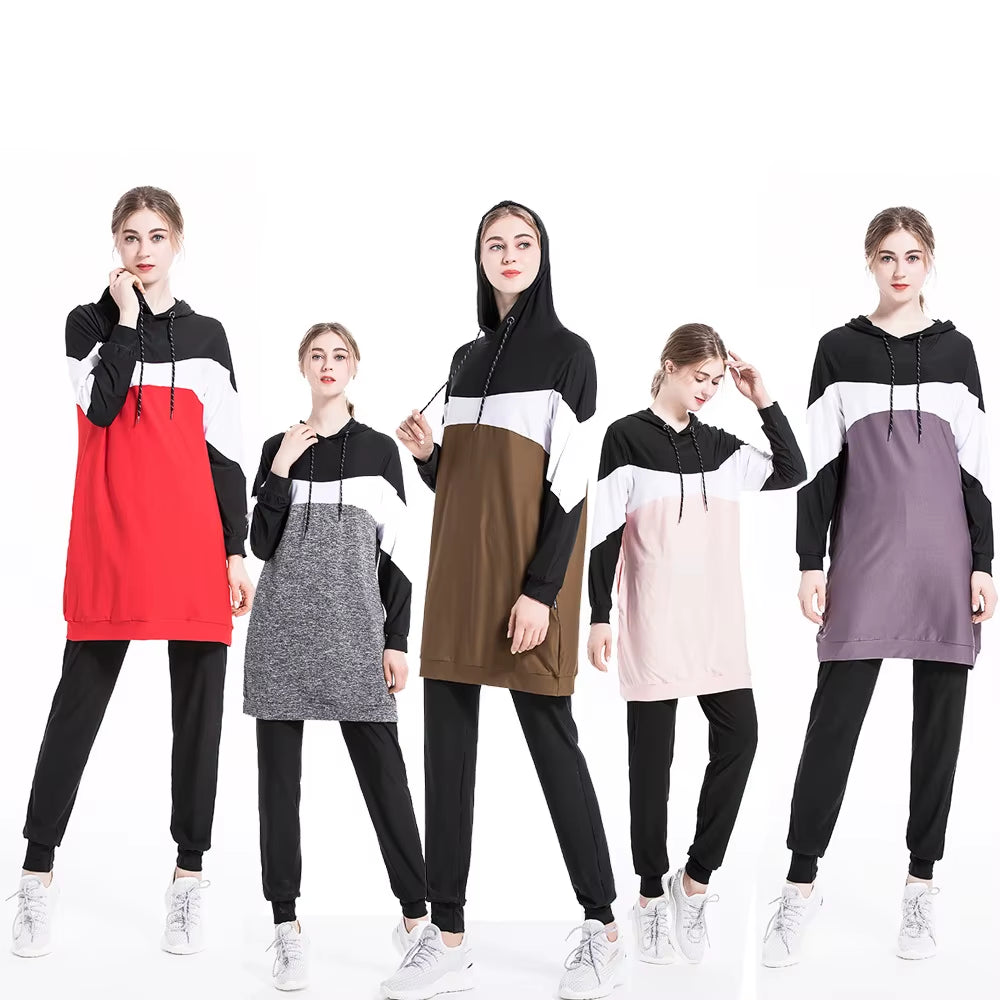 2024 Trendy Middle Eastern Arab Muslim Slim Fit Patchwork Long Sleeve Sportswear Casual Hooded Two-Piece Set