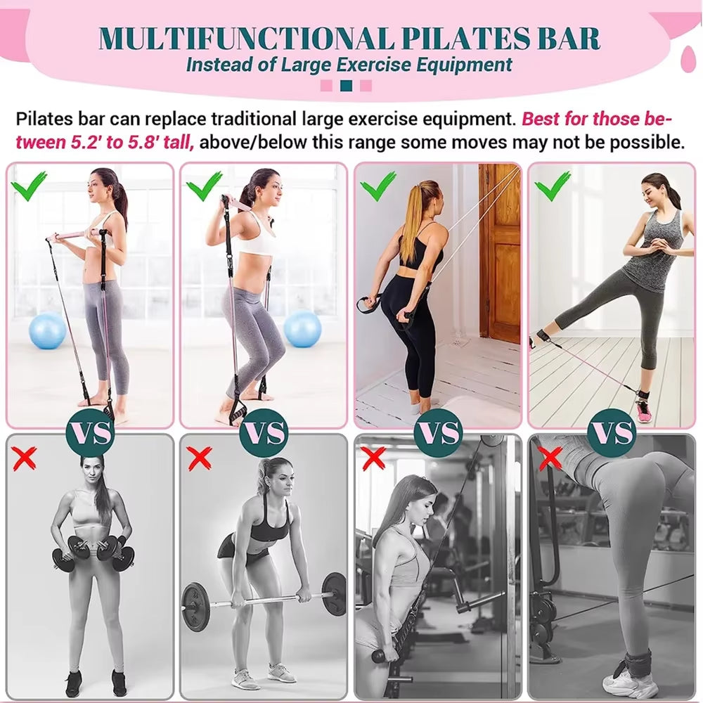 Professional Fitness Yoga and Pilates Bar Kit with Resistance Bands - Portable Home Gym for Comprehensive Full Body Workouts for Women