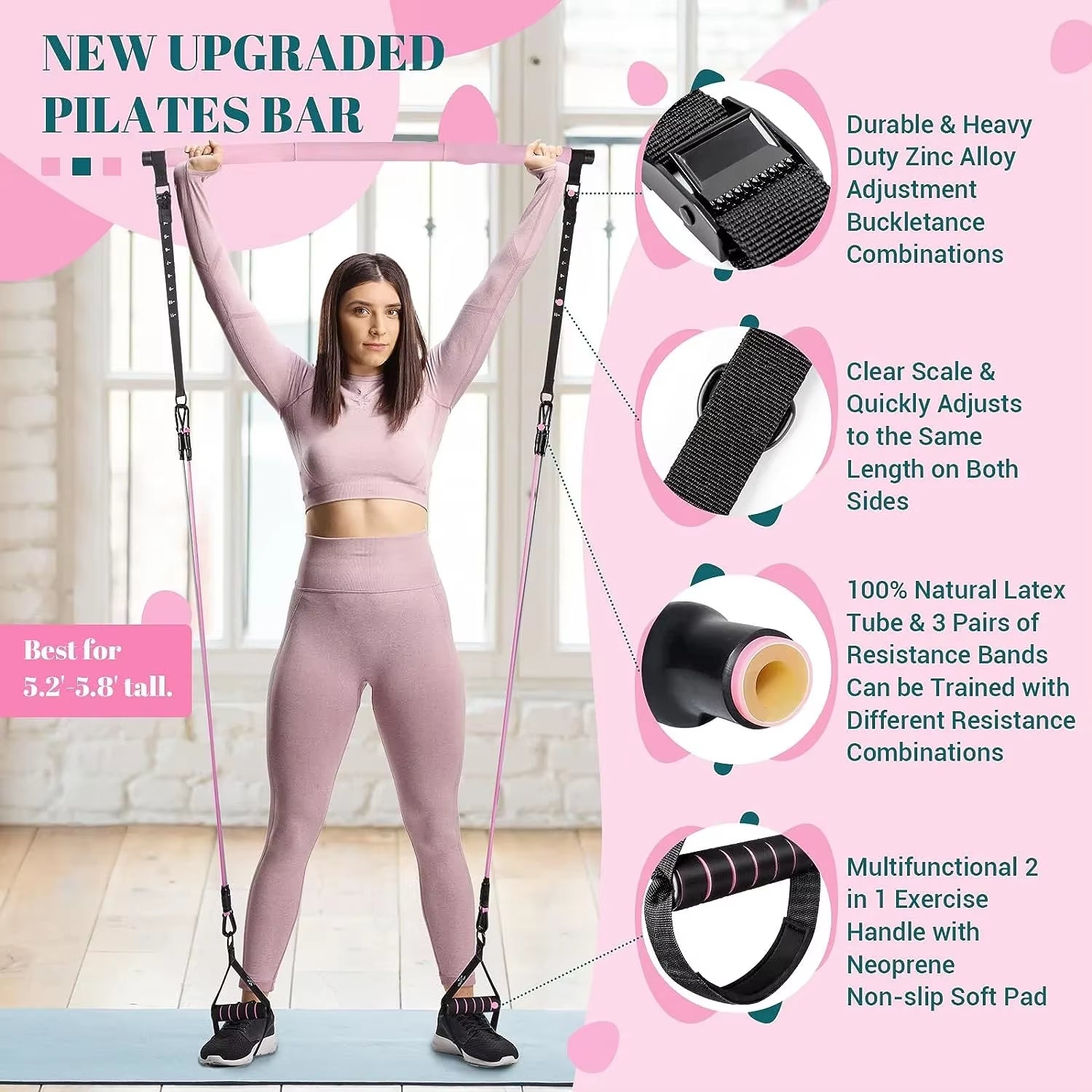 Professional Fitness Yoga and Pilates Bar Kit with Resistance Bands - Portable Home Gym for Comprehensive Full Body Workouts for Women