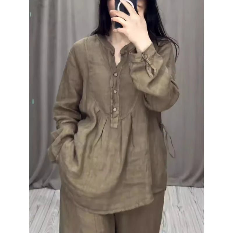 2024 Stylish and Comfortable Long Sleeve Cotton Linen Bell Bottom Suit with Drawstring Skirt Set for Autumn