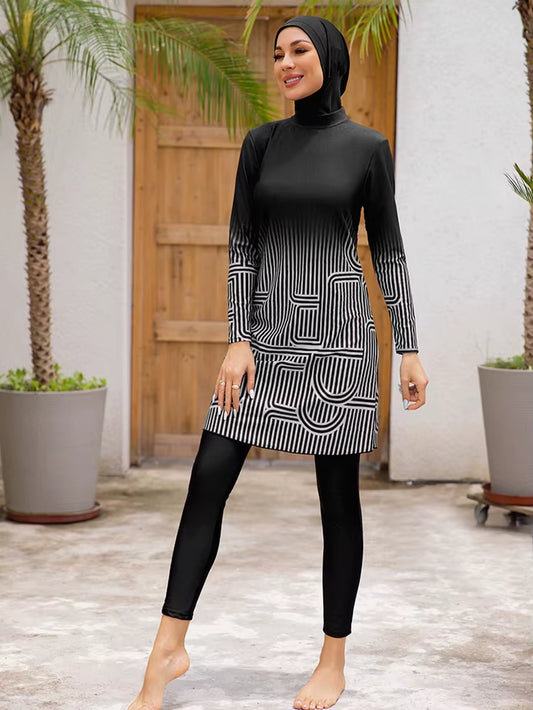3-Piece Women's Modest Swimwear Set with Burkini, Hijab, and Striped Pants for Islamic Beachwear