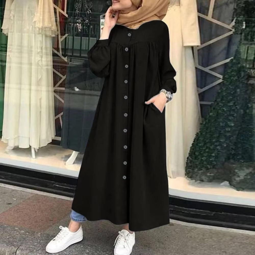 Elegant Women's Retro Button Maxi Dress - Casual Long Sleeve Cotton Solid Color O-Neck Design