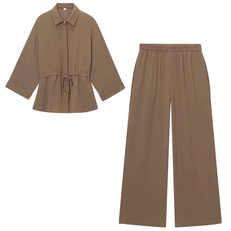 Women's Safari Brown Two-Piece Set: Long Sleeve Tunic and High Waist Wide Leg Trousers